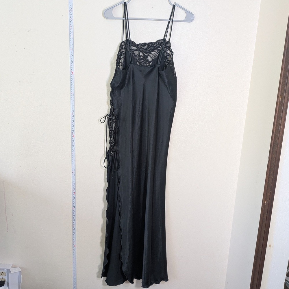 Vintage 80s / 90s Blanche Black Satin Maxi Slip Dress Side Slit Lace and Ties M - Picture 4 of 9